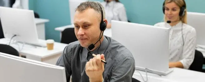 Call Center Agents Working on Computer Wearing Headset